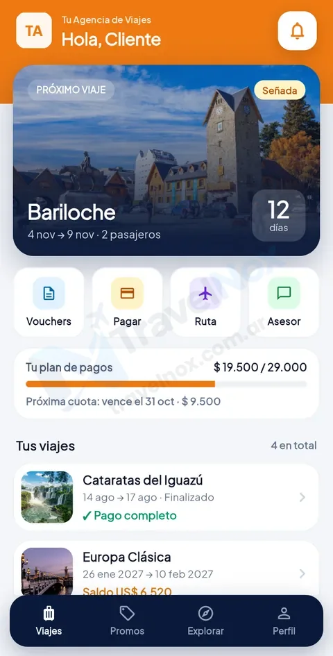 App del pasajero con la marca de la agencia: próximo viaje y plan de pagos