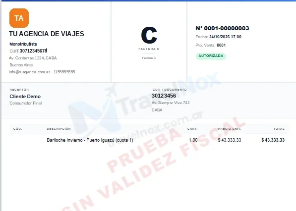 Factura C autorizada con CAE, emitida desde TravelNox