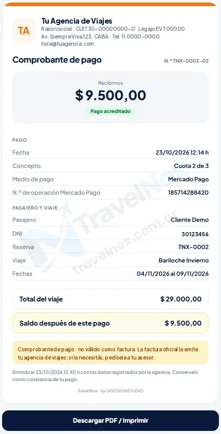 Comprobante de pago con la marca de tu agencia