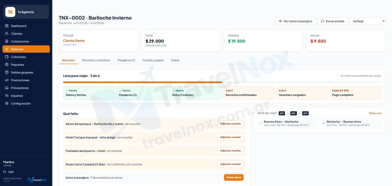 Reservas: Lista para viajar: el sistema te dice qué falta en cada reserva.
