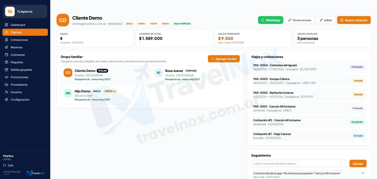 Clientes: La ficha completa: grupo familiar, pasaportes, viajes y seguimiento.