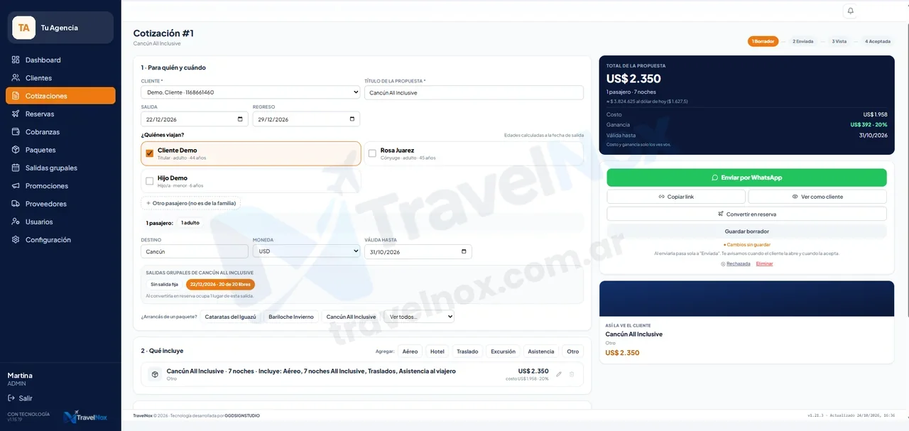Nueva cotización: quiénes viajan, salida grupal con cupos, servicios y ganancia, con el total en pesos al dólar del día.