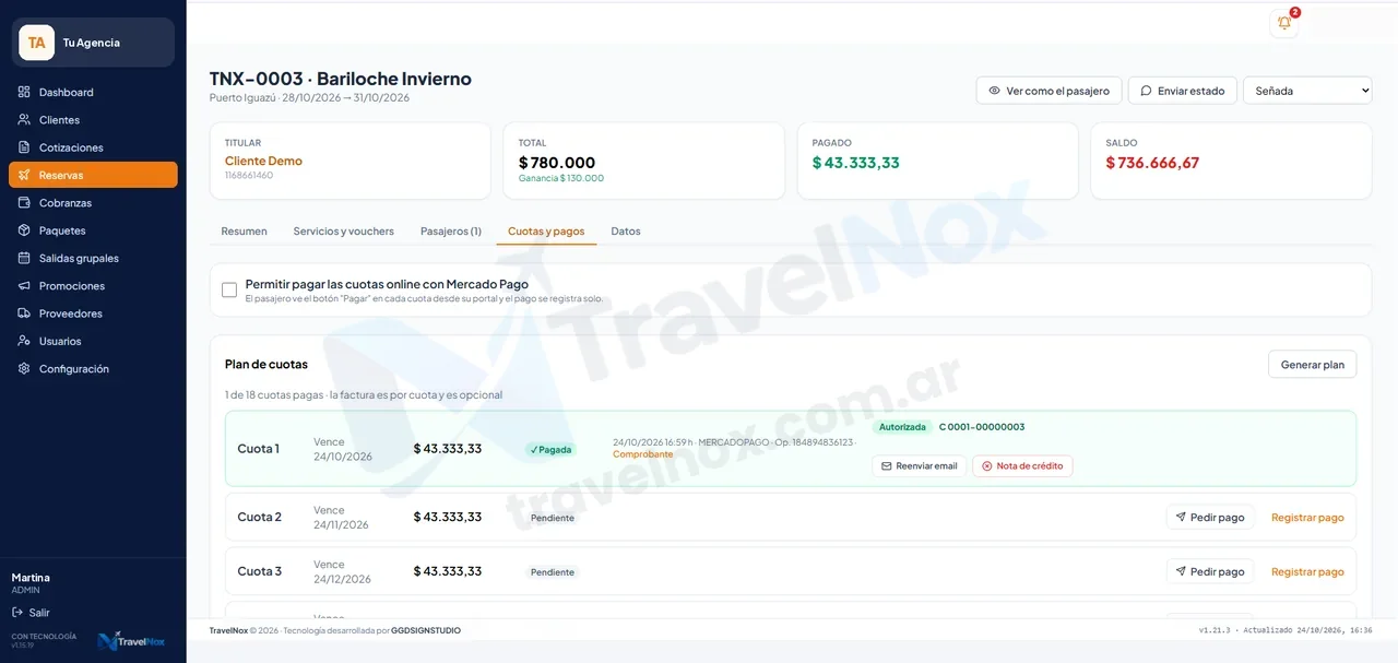 Cobros y facturas: cuota pagada por Mercado Pago, factura autorizada y Pedir pago por WhatsApp.